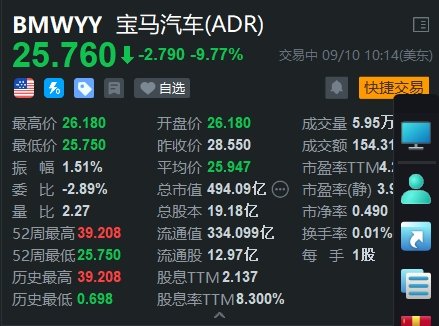 宝马汽车大跌近10% 下调2024年利润率